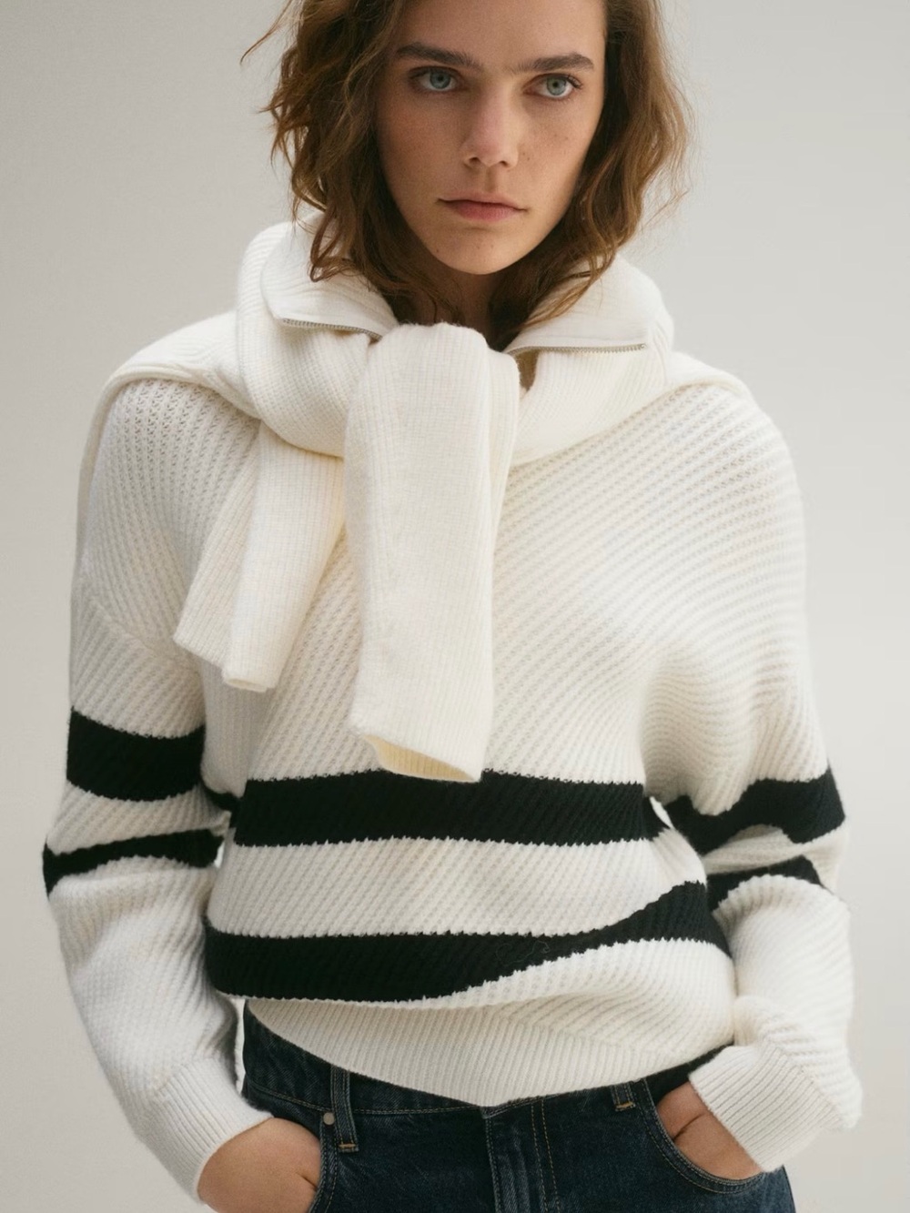 Mango White Quarter Zip Crewneck Sweater with Black Stripes